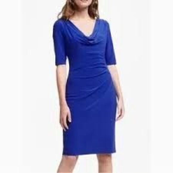 Ralph Lauren Size 12 Cowl Neck Fitted Sheath Dress Cobalt Blue Elbow Sleeve Mini - Picture 1 of 12